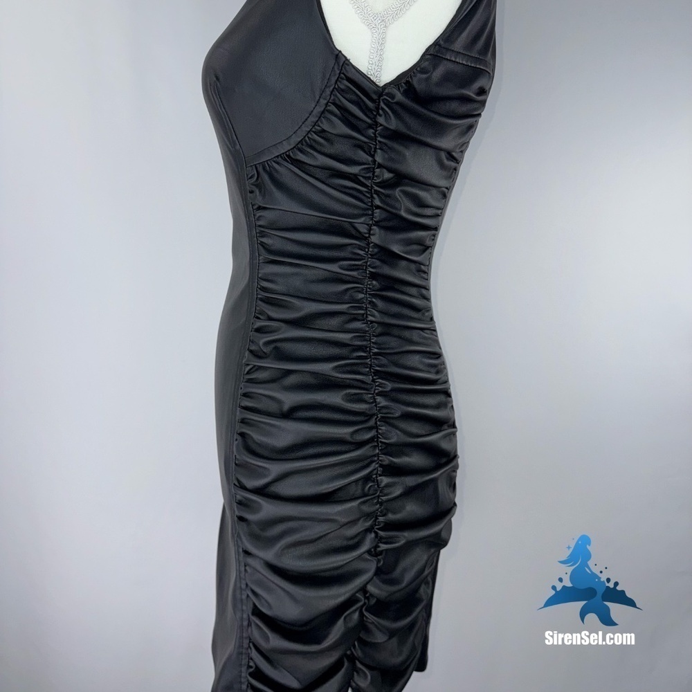 1069 NWOT Zara Black Faux Leather Dress w/Ruching - Picture 7 of 16